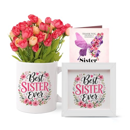 Image of TIED RIBBONS Birthday Gift for Sister - Return Gift for Girls Combo Artificial Flower Bunch, Printed Coffee Mug (325 ml), Printed Frame and Greeting Card - Best Gift's for Sister