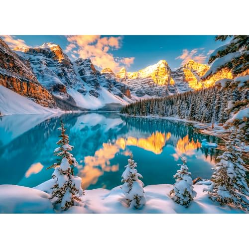 1000 Piece Moraine Lake Jigsaw Puzzle for Adults 27.5x19.7 Inch with Poster | Winter Mountain Lake Landscape with Golden Sunrise Reflections, Holiday Christmas Gift for Nature Lover, Relaxing Family Game