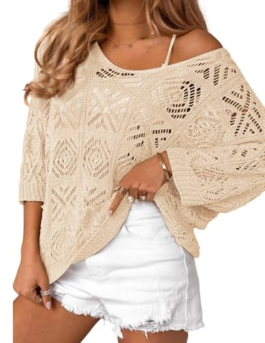 Image of Zeagoo Women's Summer Crochet Off the Shoulder Hollow Out Knit Tops 2026 V Neck 3 /4 Sleeve Sweater Top