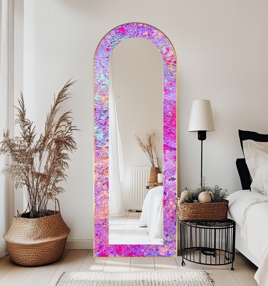 Cosmic Bloom - Specchio da pavimento astratto a lunghezza intera, 50 x 160 cm, specchio da pavimento colorato con cornice nera