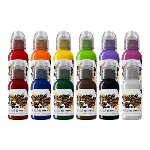 World Famous Tattoo Ink - 12 Primary Color Tattoo Kit #1 - Professional Tattoo Ink in Color...