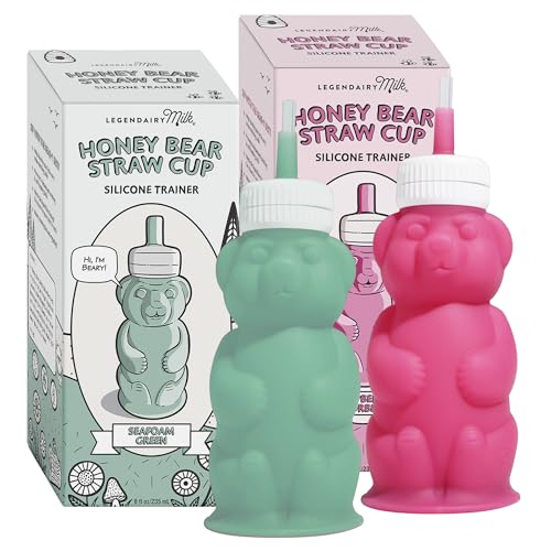 Image of Legendairy Milk Honey Bear Straw Cup Silicone for Babies (Green/Raspberry), 8 oz. Dishwasher Safe Baby Straw Cup, Food Grade Silicone, Honeybear Sippy Cup for Ages 4+ Months (Pack of 2)