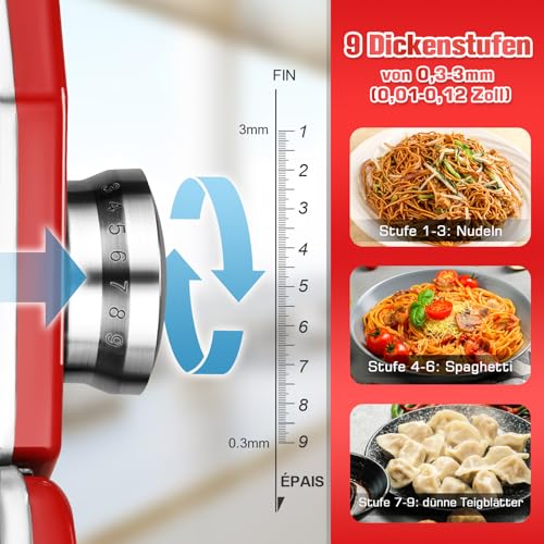 Sailnovo stroj za izradu tjestenine Pasta Maker 180 aluminijske legure s 9 podesivih postavki čvrstoće i 2 rezača, priručnik za stroj za tjesteninu za špagete, fettuccine, lazanje, poklon (crveni)