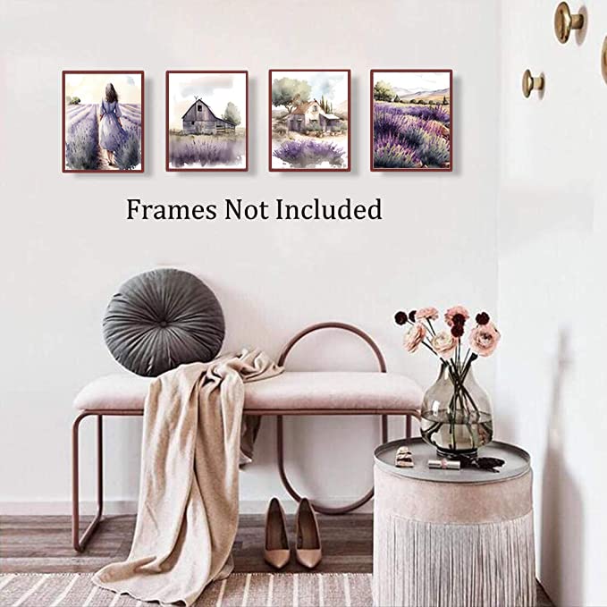 Image of TANXM Unframed Lavender Floral Canvas Wall Art Set of 4 | Watercolor Purple Lavender Wall Decor for Bedroom Bathroom Home, Floral Scenery Design, 8x10 Inch