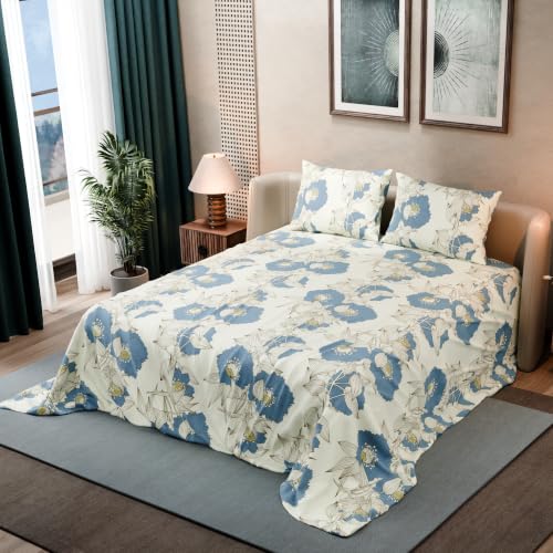Image of BLISSHOME SoftTouch 140TC Cotton King Size Printed Bedsheet with 2 Pillow Covers for Double Bed, Silky Smooth Bedding Set, Breathable, Easy Maintain, Floral Print - Ivory, Blue