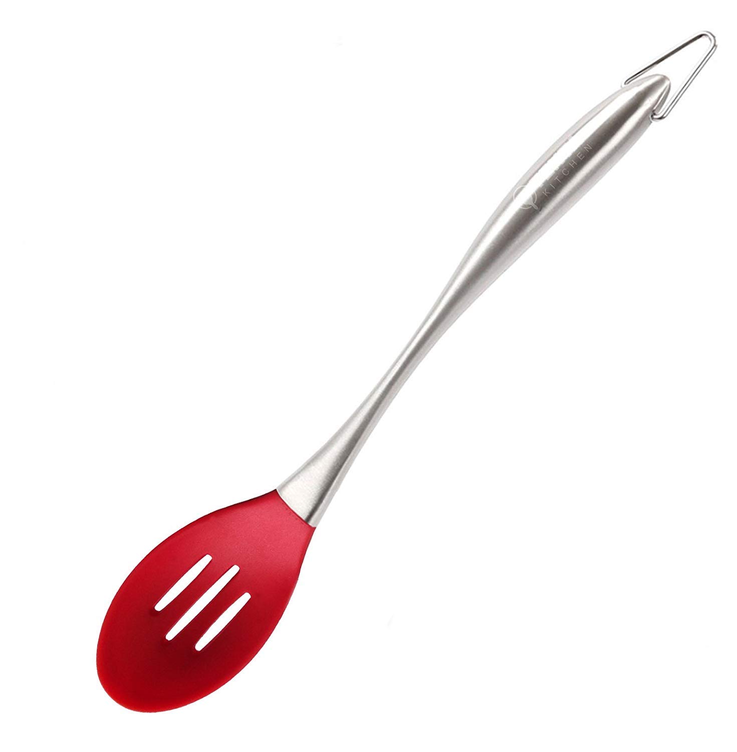BasketyBasics XL Silicone Slotted Spoon (34 cm), High Heat Resistant to 480°F, Hygienic One Piece Design Large Serving and Draining Spoon (Steel Spoon Hole Red)