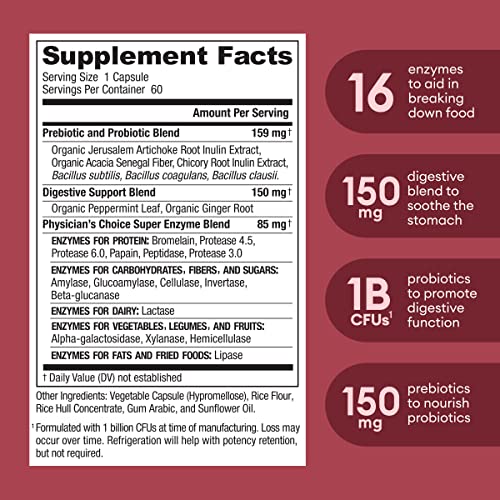 Physician's CHOICE Digestive Enzymes - Multi Enzymes, Bromelain, Organic Prebiotics & Probiotics for Digestive Health & Gut Health - Bloating & Meal Time Discomfort - Dual Action - All Diets - 60 CT - Image 3