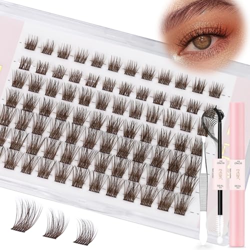 Brown Individual Cluster Lashes D Curl Mix 8mm 10mm 12mm Brown DIY Eyelash Extensions Kit Clear Band Natural Look Dark Brown Lash Clusters set Colored Cluster lashes (DB01 lash kit)