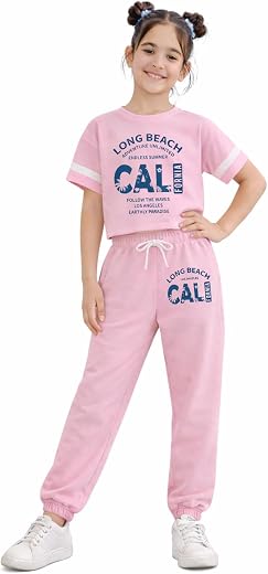 Trampoline Girls Printed Half Sleeve Crop Top & Track Pants Set | Kids Graphic Print Co-Ord Outfit | Stylish Casual Clothi...