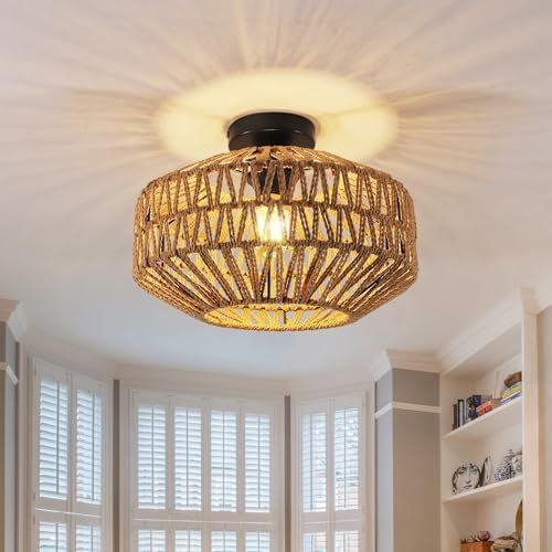 Toolight Rattan Ceiling Light E27, Retro Hand-Woven Rattan Chandelier Lamp, Bohemian Pendant Boho Ceiling Light for Living Room Bedroom Kitchen Hallway Entryway, Ø40cm