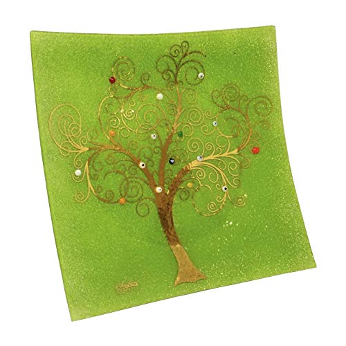 Sospiri Venezia-Centro de mesa de cristal de Murano con árbol de la vida,30x30cm,técnica de vitrofusión, decoración murrinas de Murano y hoja dorada,hecho a mano por artesanos venecianos (30x30,verde)