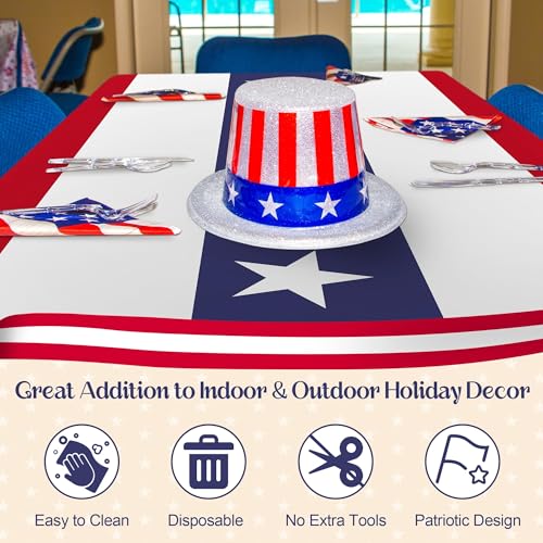 Image of Kochorie 100 Ft x 54 Inch 4th of July Tablecloths Roll with Slide Cutter Box Patriotic Disposable Plastic Table Cover Roll Independence Day Backdrop for Memorial Day Party Supplies