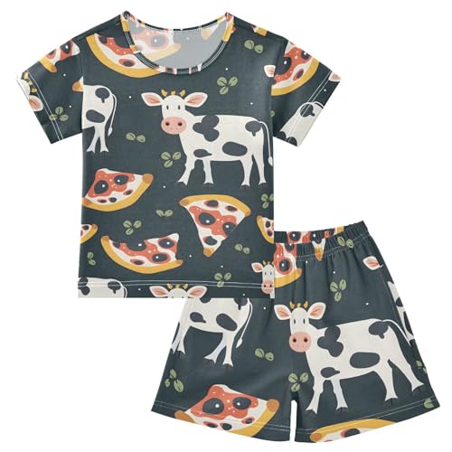 ALAZA Cow Pizza Cartoon Pajamas Short Sleeve 2 Piece Sleepwear Top and Bottom Pajama Set Unisex