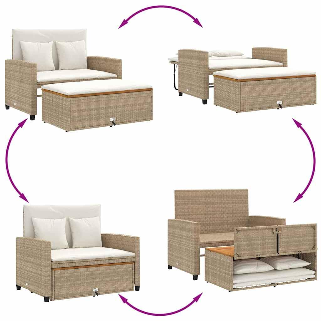 Divano da Giardino 2 Posti Reclinabile in Polyrattan Beige | Ideale per giardino, terrazzo o balcone: divano 2 posti reclinabile trasformabile in lettino con poggiapiedi salvaspazio.