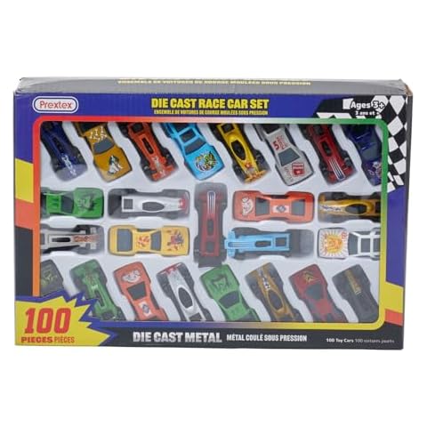 PREXTEX 100 Pc Diecast Toy Car Set - Bulk Toy Car Collection with 48 Racing Cars, 46 Diecast and Plastic Cars, 2 Helicopters, 2 Airplane Jets, and 2 Military Tanks - Party Favors and Stocking Stuffers Cover
