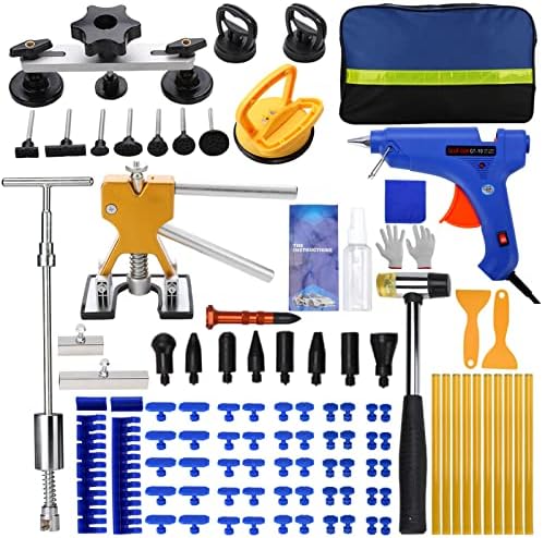 Teen Dream 97PCS Paintless Auto Body Dent Puller Kit, Car Dent Removal Kit with Golden Lifter Bridge Puller Slide Hammer T-bar Dent Puller Suction Cup and Glue Gun for Car Dent Repair (97PCS)