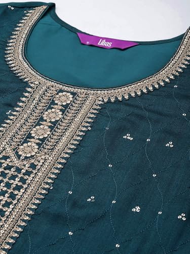 Image of Libas Womens Embellished Silk Blend Straight Kurta With Palazzos and Dupatta