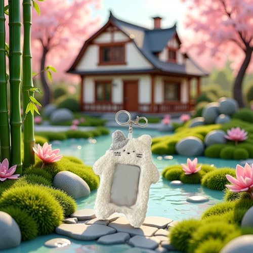 1Pc White Cartoon Plush Photocard Holder with Keychain Pendant Kawaii Cat Cute Card Sleeve Student Card and ID Cases Medium Size, Lightweight and Portable Women's Card Cases4