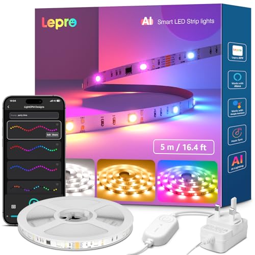 Lepro S2 AI Smart LED Strip Light 5M RGBW+IC, Works with Alexa, Google Assistant, Music Sync, 1200LM White Light, Personalized AI Lighting Designer, Zonal Colour Control LED Lights, App Voice Control