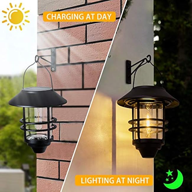 Solar Lantern Outdoor Lights, Hanging Waterproof Lantern Lights with Wall Mount Kit for Garden Porch Fence 2 Pack