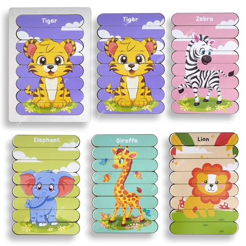 Image of Lefan 5 in1 Animal Puzzle Sticks for Kids - 5 Wooden Animal Puzzles with Tray Educational Montessori Toy for Toddlers Tiger Zebra Elephant Giraffe Lion Puzzle Set 2 3 4 5 6 7 Year Gift for Toddlers
