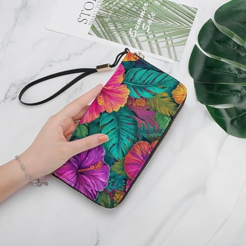 Tropical Flowers Leaves Hibiscus Monstera PU Leather Clutch Long Bifold Wallet, Coin Purse Credit Pass Case, Durable Card-Holder Money Storage for Women Men4