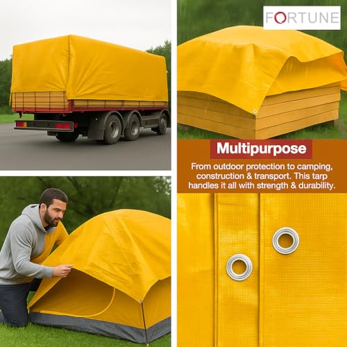 Image of FORTUNE Tarpaulin Sheet Waterproof (12Ft x 9Ft) with 170 GSM, Virgin Material, UV Resistant,Aluminum Eyelets - Laminated, Heavy Duty Tadpatri, Tarpaulin Plastic Sheet for Covering (Yellow)