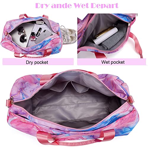 Gym Bag Sports Duffle Bag with Wet Pocket Weekender Overnight Bag with Waterproof Shoe Pouch and Air Hole for Men Women Travel Foldable Bag (Red blue marble)