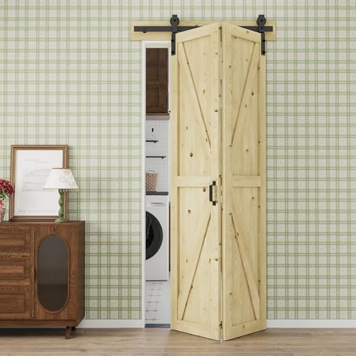 Puerta Granero Plegable 40" x 84" con Herrajes Kit de 44" Incluido, Paneles Preensamblados de Madera de Pino sin Acabado, Resistente a Rayaduras para Clósets miniatura 1