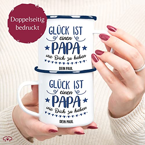 Emaille Becher Blechbecher - zum - Glück ist einen Papa wie Dich zu haben I Papa Geschenk Vatertag - 300 ml - Weiß Blau - tasse vatertagsgeschenk vater es tassen für vatertagsgeschenke als