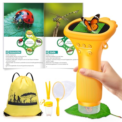 GeschenPark Handheld Kinder Mikroskop Outdoor Entdeckungs Set - Spielzeug ab 3-12 Jahre Jungen Mädchen - 2 HD Display, 1000x Vergrößerung - mit Lernhandbuch & Zubehör - Geschenk für Kinder