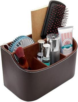 PU Leather Desk Organizer TV Remote Holder with A Large Compartment for Tablet Desktop Organizers Office Supplies Desk Accessories Makeup Brush Holder Workspace Organizers