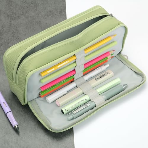 Image of Large Capacity Special Aesthetic Pencil Case Organizer with 3 Compartments, Big Preppy School Pencil Pouch Bag for Girls Women Adults, Pencil Holder Pen Pouch Cases (Green)