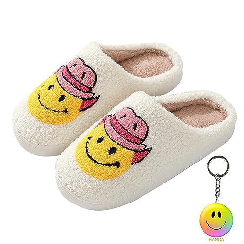 Smile Face Slippers for Women Men, Retro Soft Plush Warm Cushioned Lightweight Non-Slip House Slippers Cute Cartoon Happy Face Slippers Slip-On Cozy Indoor Outdoor Slippers, Smile Hat, 7-8