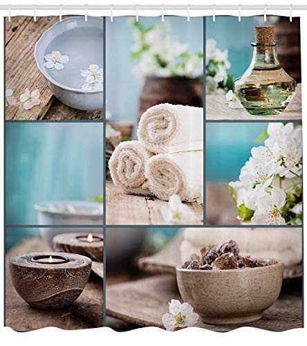 ABAKUHAUS Spa Shower Curtain, Far East Close to Your Heart Massage Theme Collage Oils Candles Flowers Print - Image 2
