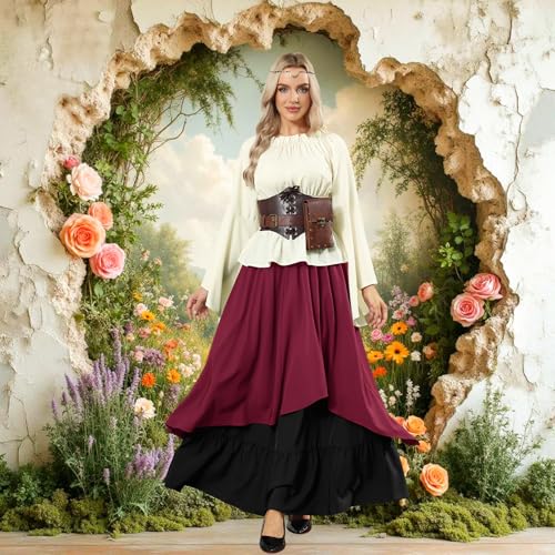 LumenVela Mittelalter Kleidung Damen, Renaissance Kleid Damen und Off Shoulder Bluse mit Corsett, Gürteltasche, Kopfschmuck, Gürtel, Viktorianisches Kostüm für Halloween Karneval (Rot, L)