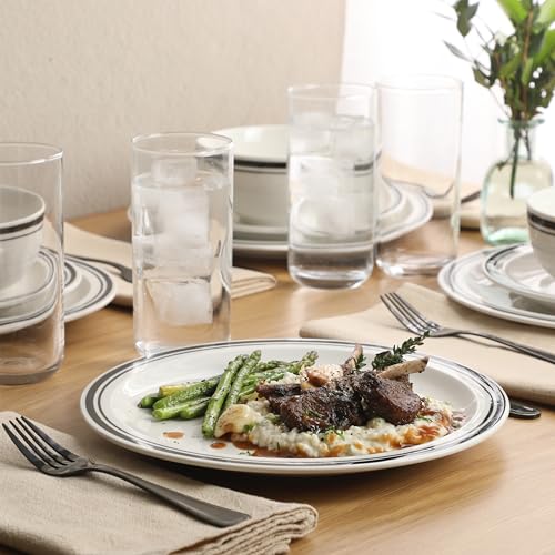 Image of Gibson Home Hometown Diner 12-Piece Porcelain Dinnerware Set, Round Plates and Bowls Set for 4, White with Black Rim, Dishwasher Safe - Dinner Plate, Salad Plate & Cereal Bowl