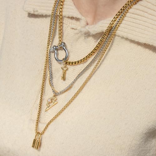 Gold Silver Layered Necklaces for Women 4 Set,18K Gold Plated Link Chain Stainless Steel Lightning Lock Cuban Choker Chunky Two Tone Necklace Stacked Chain Trendy Statement Jewelry Gift3