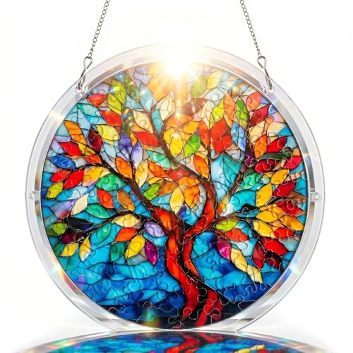 Acrylic Jigsaw Puzzle Suncatcher Large 9.8inch Tree of Life Pattern DIY Window Suncatcher Acrylic Puzzle Colorful Hanging Light Catcher Decor