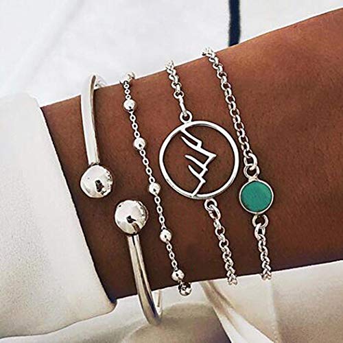 Sakytal Boho Turquoise Stackable Bracelet Set Silver Beaded Layered Bracelets Mountain Open Cuff Bangle Bracelet for Women and Girls(4Pcs)