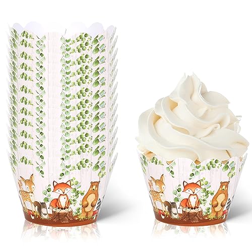 Whaline 36Pcs Woodland Creatures Cupcake Wrappers Forest Animal Cupcake Liners Cute Paper Baking Cup Decorative Cupcake Holders for Birthday Baby Shower Party Cake Decorations