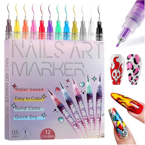 SZXINHD Nailart Stifte Set mit 12 Farben, Schnell Trocknende Nail Art Marker mit 0,5 mm Feiner Spitze für Gel-, Acryl- & Naturnägel, DIY 3D Nageldesign Malstifte