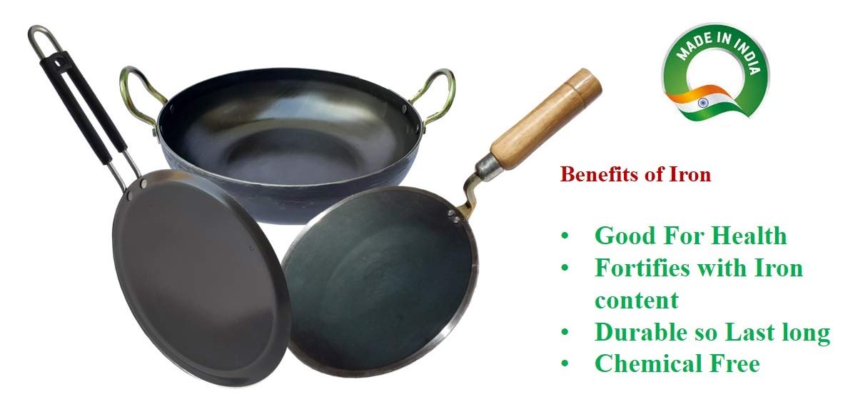 LooksGood Indian Iron cookware Combo Wooden Handle Tawa (3 mm Thickness) + Dosa Tawa (25 cm) + Kadahi (24 cm) (Iron) 3