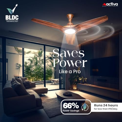 Image of ACTIVA Silentair 1200mm BLDC Ceiling Fan with LED Light & Remote | 28W BEE 5 Star Fan | High Speed Airflow | Silent Operation | Premium Decorative Ceiling Fan for Home & Office | (Wooden Finish)