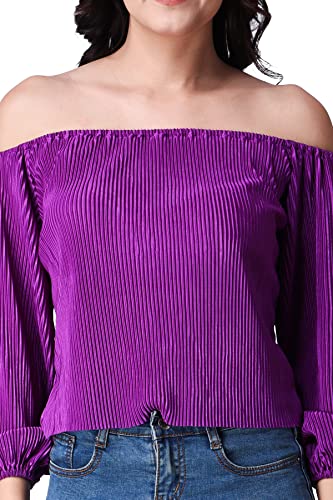 Image of POPWINGS Casual Wrinkle Off Shoulder Crop Top for Women - Designer Stylish Western Full Sleeves