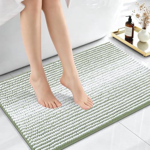 Image of OLANLY Small Bathroom Rugs 24x16, Extra Soft Absorbent Chenille Striped Bath Rugs, Rubber Backing, Machine Wash Dry, Bath Mats for Bathroom Floor, Tub and Shower, Home Decor Accessories, Sage Green