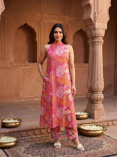 Image of OOMPH! Women's Hulter Neck Kurta & Bottom Set | Straight Kurta Outfits | Ethnic Set | Kurti Set for Woman