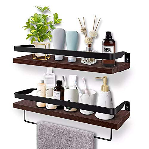 Yabag 2 Piezas Estante Pared de Madera, Baldas Pared con Toalleros,Baldas Flotantes,Estanteria de Almacenamiento Multiusos para Baño Dormitorio Cocina (Marrón Oscuro) Cover