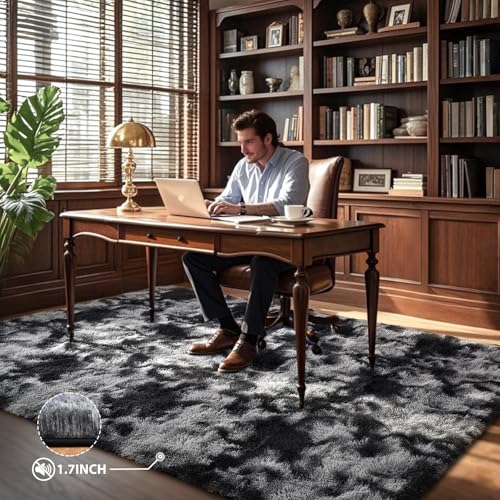 Black Grey Rugs for Bedroom Fluffy 3x5 Area Rug,Super Fuzzy Fur Living Room Carpet for Boys Dorm Office Nursery Modern Home Decor