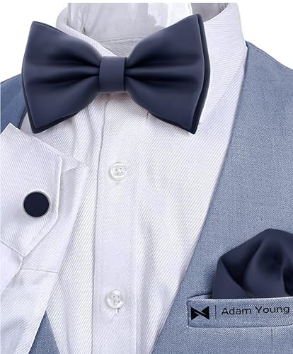 Image of Adam Young Men's Bow Ties with Handkerchief & Cufflinks Pre-Tied Style Formal Satin Classic Bowtie for Tuxedo Faux Silk